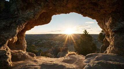 Sun setting over a valley from a rock overhang.