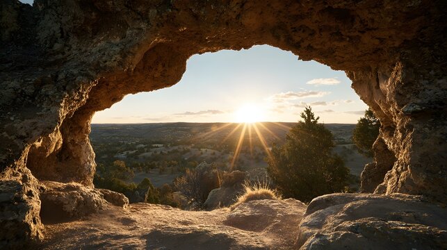 Sun setting over a valley from a rock overhang.