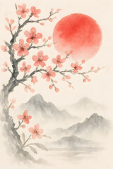 Watercolor Floral Card Background with Red Flowers