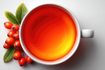 Top view of a cup of vibrant reddish-orange tea with rose hips.