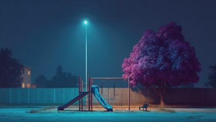 Night playground scene, illuminated by a single lamppost, features a slide, swings, and a vibrant purple tree, under a hazy, dark blue sky