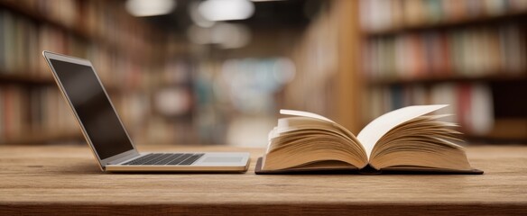 The laptop and the open book on a wooden table in a library setting.
