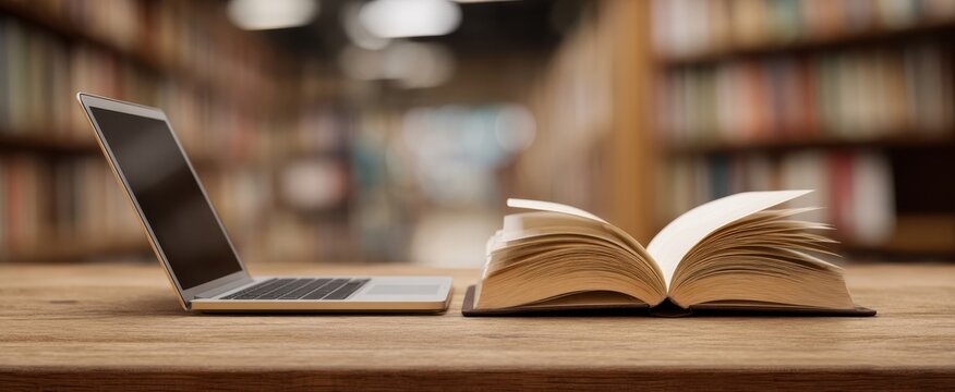 The laptop and the open book on a wooden table in a library setting.