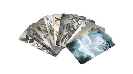 tarot card deck with mystical illustrations, fanned out, transparent background