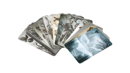 tarot card deck with mystical illustrations, fanned out, transparent background