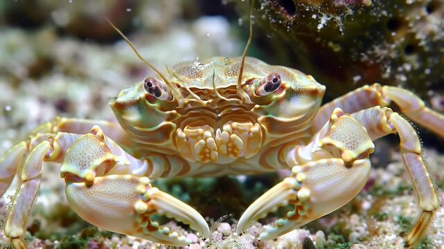 Close-up Portrait of a Light-Colored Crab on the Ocean Floor, Showcasing Intricate Shell Patterns and Prominent Eyes in its Marine Habitat