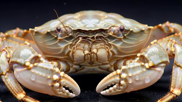 Close-Up Portrait of a Light-Colored Marine Crab with Intricate Shell and Powerful Claws on Dark Background
