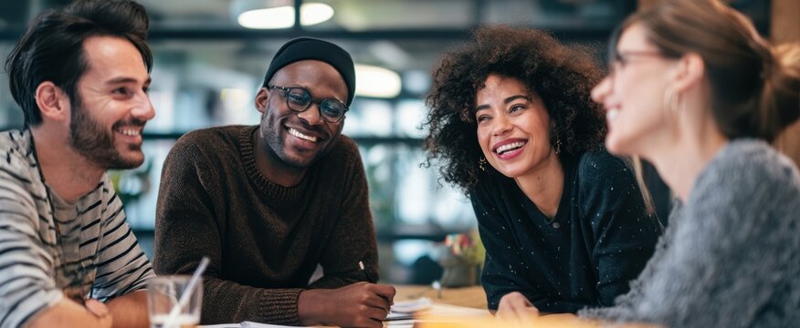 The diverse group of friends enjoying a collaborative discussion in a modern workspace.