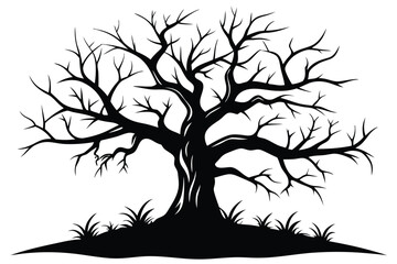 Silhouette of a bare tree with grass under it in black and white vector