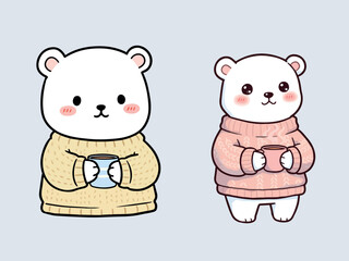 Fototapeta premium Chibi Polar Bear Wearing Sweater Cute Cartoon Animal