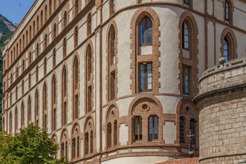 Modern Espai Audiovisual Building At Montserrat Monastery With Brick Arched Architecture Spain. Contemporary museum design, cultural center, Catalonian heritage, multimedia exhibition space