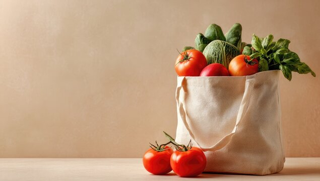 A beige tote bag brimming with fresh produce, including tomatoes, cucumbers, and leafy greens, rests on a light-brown surface against a muted background. Two additional tomatoes sit in front - Powered by Adobe