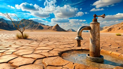 Fototapeta premium Desert water pump in arid landscape under cloudy sky with cracked earth and sparse vegetation