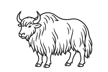 A black and white vector illustration of a strong Himalayan yak, outlined in bold black, showing its thick fur, curved horns, and resilience in harsh mountain landscapes.

