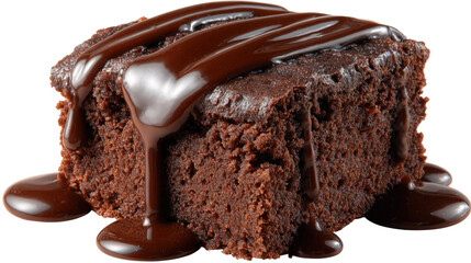 Chocolate brownie portion with chocolate syrup isolated on a white background