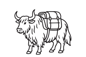 Vector art of a Himalayan yak in black and white, defined by solid black outlines, highlighting its muscular build, long shaggy coat, and powerful mountain presence.

