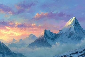 Majestic snow-capped mountains at sunset, clouds fill valleys