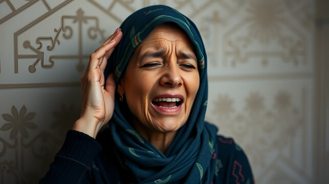 Mujer con expresion de dolor de cabeza