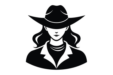Silhouette portrait of a mysterious lady wearing a hat and jacket, on white