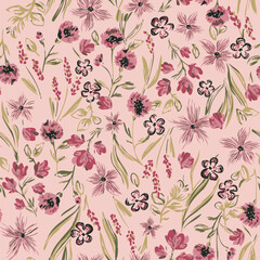 Obraz premium Seamless floral pattern with delicate hand-drawn wildflowers in pink, red, and black, accented with green leaves on a pastel pink background. Ideal for fabrics, apparel, gift wraps, wallpaper, 