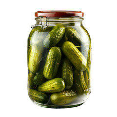 Jar filled with many green cucumbers in liquid solution on transparent background