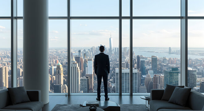 Man Contemplating City Skyline from Penthouse
