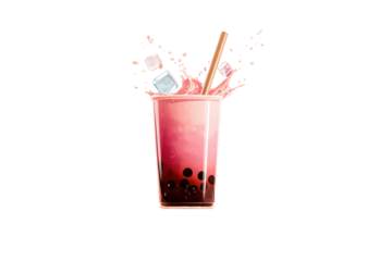 Vibrant Pink Bubble Tea with Ice Cubes and Straw in Clear Glass on Transparent Background