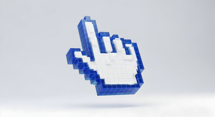  Pixelated 3D Cursor Hand Icon Built From Cubes On White Background, Digital Click And Navigation Concept
