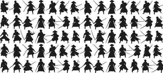 Samurai warrior silhouettes, traditional Japanese swordsmen, martial arts poses, ancient warriors with katana, combat stances, historical Japanese fighters vector illustration