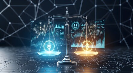 Futuristic transparent scales of justice floating over holographic charts and blockchain symbols, glowing blue and gold light, dark tech background, concept of digital economy law.