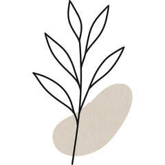 Minimalist botanical illustration with black leaf branch and beige abstract shape, calm design