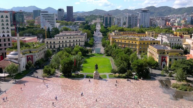 Drone view of Skanderbeg Square in downtown Tirana, Albania