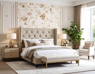 Fototapeta premium Beige bedroom with floral wallpaper