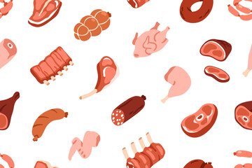 Meat, seamless pattern, repeating print. Endless food background with chicken leg, beef steak, pork ribs, sausage and ham. Culinary design for kitchen textile, wrapping. Flat vector illustration