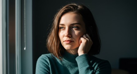 Thoughtful Young Woman by Window, Dramatic Light