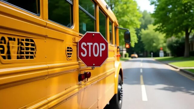 Yellow School Bus with Stop Sign Extended on Sunny Suburban Street
