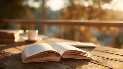 Open book and coffee cup on a wooden table outdoors.