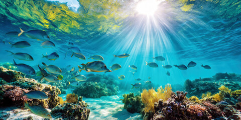 Naklejka premium school of colorful exotic fish swimming underwater in coral reef in a tropical sea