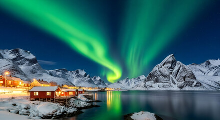 Northern lights dances across the night sky, casting colorful reflections on calm waters, while charming red cabins line the snowy shore, enhancing the peaceful winter atmosphere	