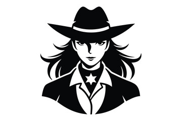 Portrait of a cowgirl in a hat wearing a star badge and blazer