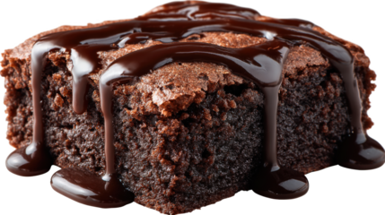 Chocolate brownie portion with chocolate syrup isolated on a white background