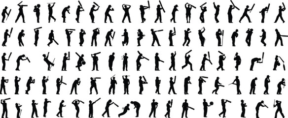 Silhouettes of baseball players in various action poses, batting, pitching, catching, running, and fielding, sport vector illustration, baseball game players set