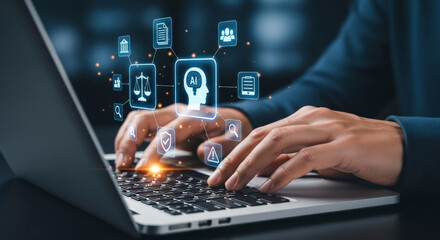 A person's hands typing on a laptop keyboard with a digital overlay of legal and artificial intelligence icons, representing AI in legal technology and ethics