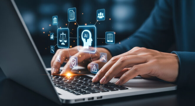 A person's hands typing on a laptop keyboard with a digital overlay of legal and artificial intelligence icons, representing AI in legal technology and ethics - Powered by Adobe