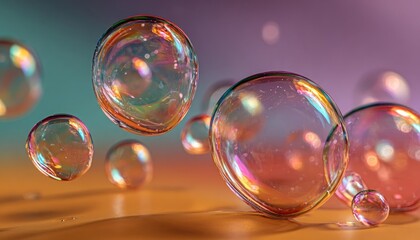 Iridescent soap bubbles float on a gradient background