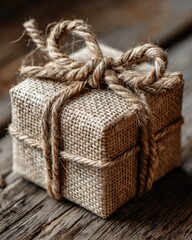 Obraz premium Burlap Wrapped Gift Box with Twine Bow