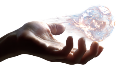 hand reaching light orb, manifestation symbol, transparent background