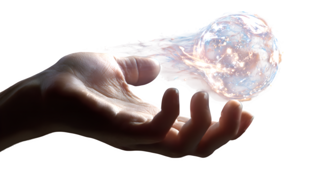 hand reaching light orb, manifestation symbol, transparent background