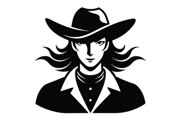 woman wears a cowboy hat and collared shirt in bold black shapes
