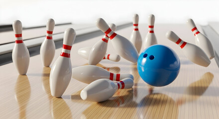  "Blue Bowling Ball Striking White Pins"
